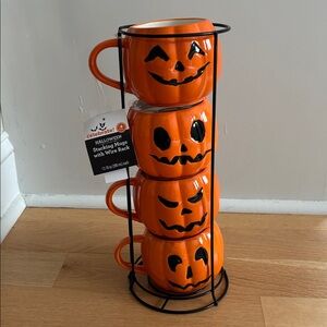 HALLOWEEN nwt 13-Ounce Orange Pumpkin Stoneware Stackable Mug Set with Iron Rack